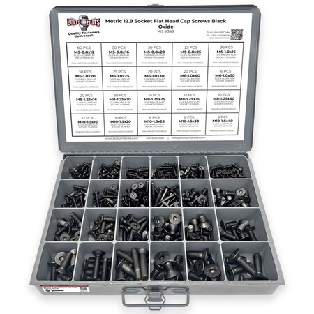 Boltsandnuts.Com Metric Class 12.9 Flat Socket Screws Black Oxide - 453 PCS Assortment Kit #349